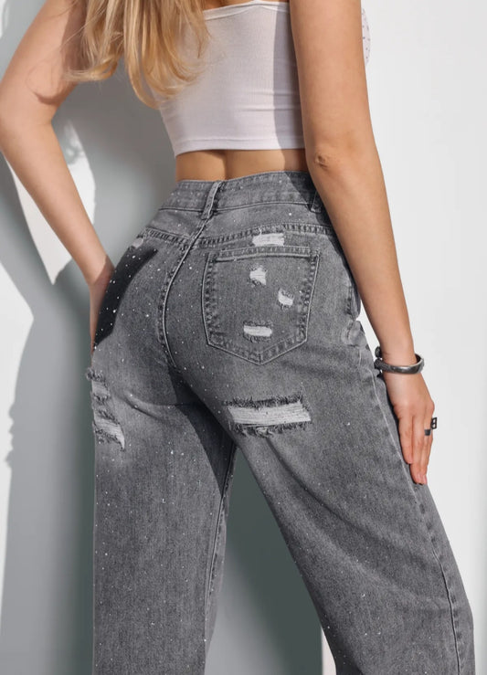 All over glitter rhinestone wide leg jeans grijs