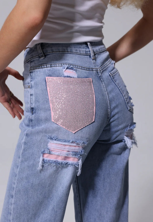 Viral Glitter Pocket Jeans Roze