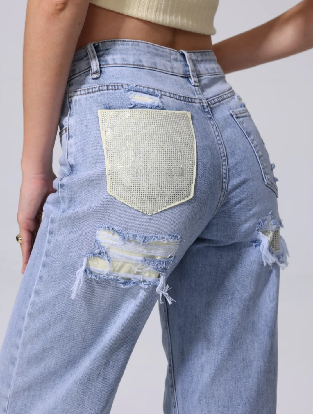 Viral glitter pocket jeans butter yellow