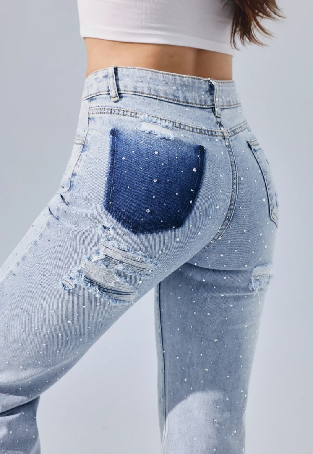 All over glitter rhinestone wide leg jeans