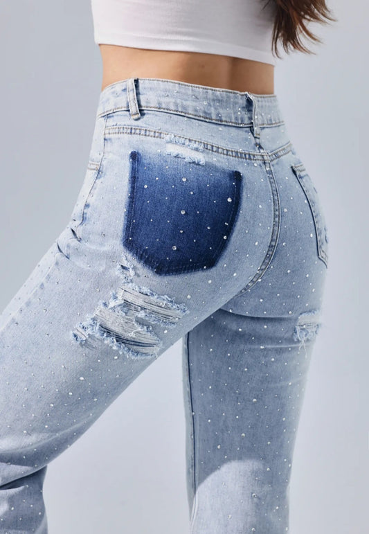All over glitter rhinestone wide leg jeans