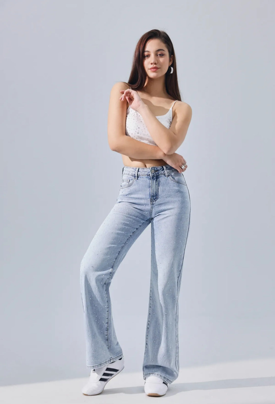 All over glitter rhinestone wide leg jeans