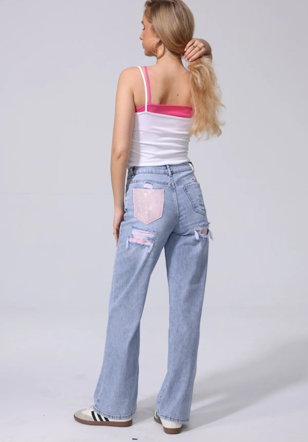 Viral Glitter Pocket Jeans Roze