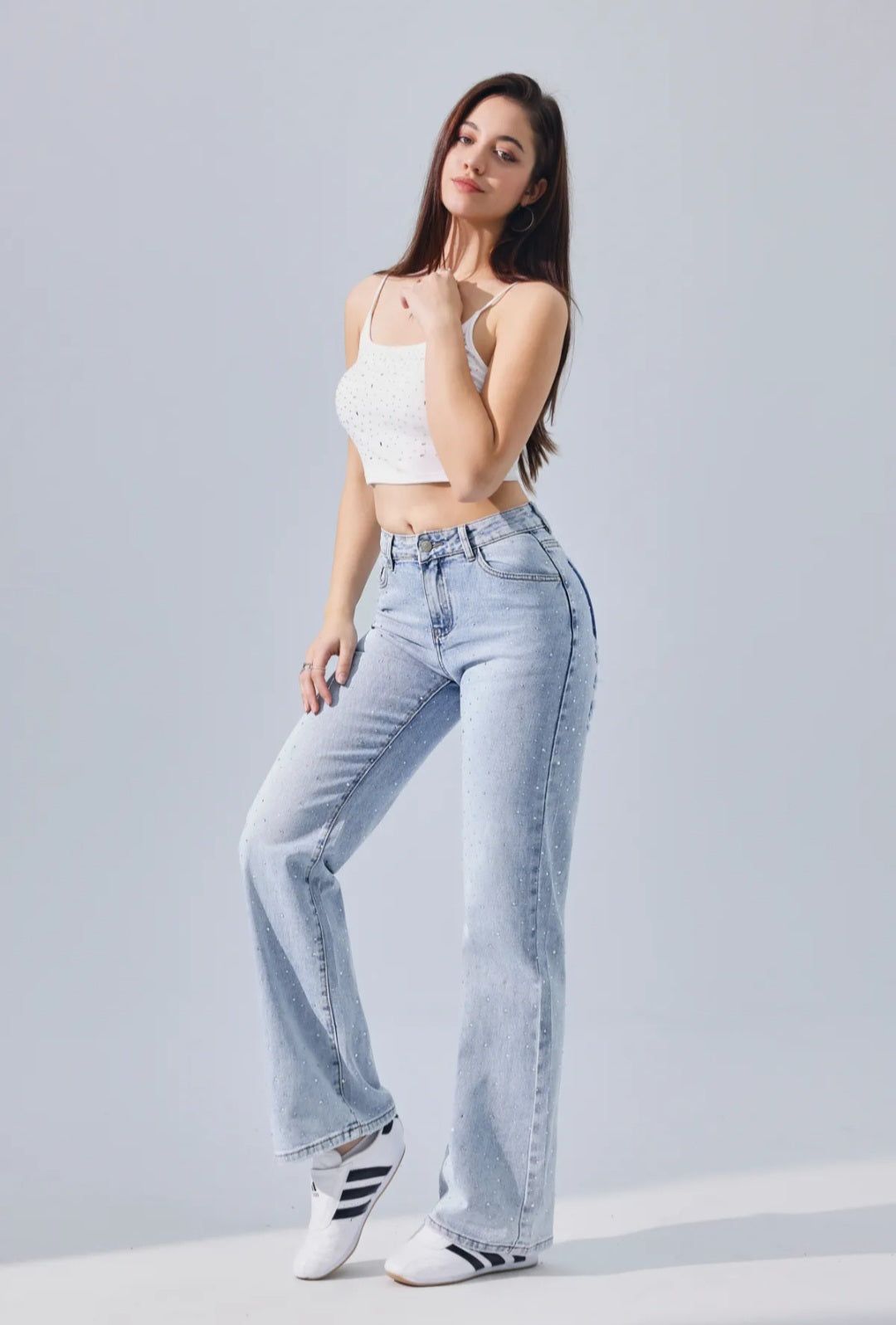 All over glitter rhinestone wide leg jeans